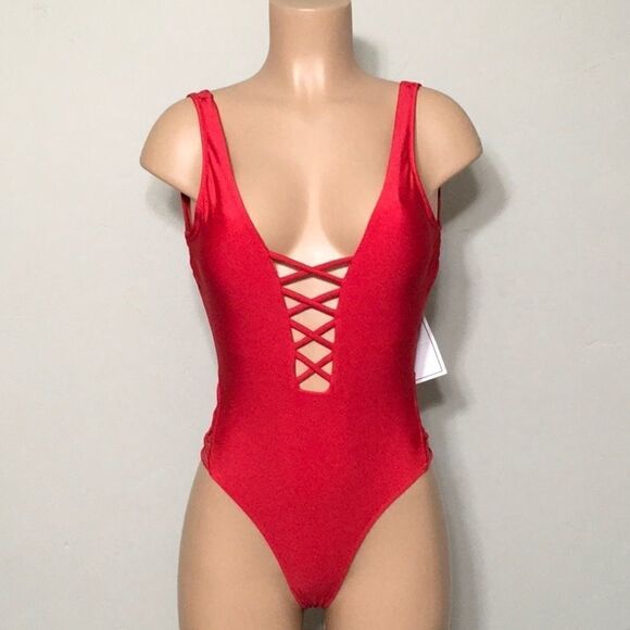 Coastal Waves red plunge swimsuit. Small. NWT - Picture 5 of 6